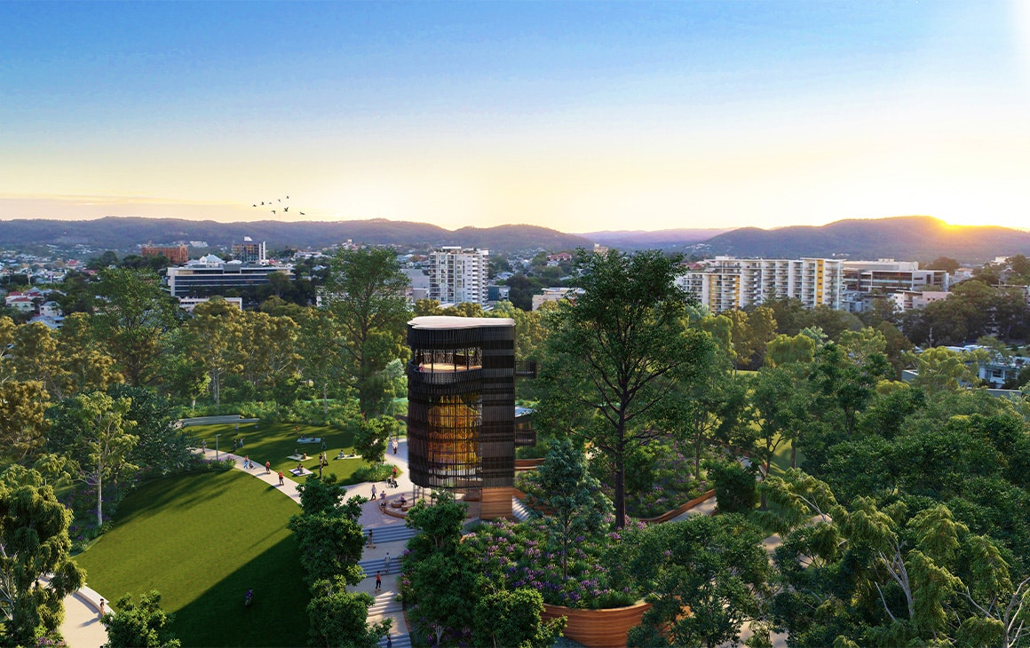 a render of a large treehouse structure rising out of the parklands